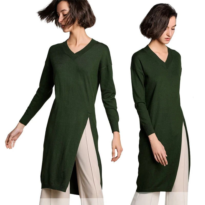 Side Split Long Sweater Dress V Neck Long Sleeve Knitted Dresses Women