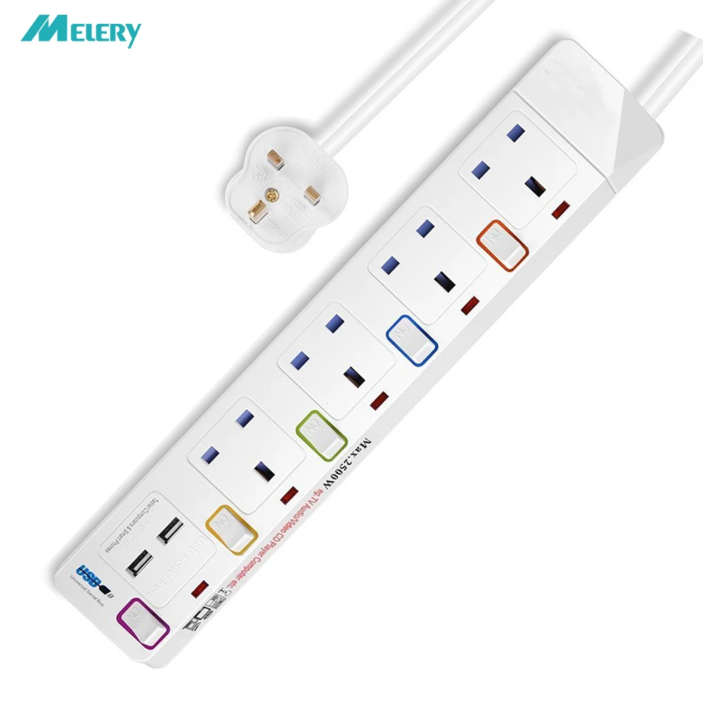 

Power Strip UK Outlet USB Extension Plug Socket with USB Individually Switched 2 USB Charging Ports with 1.8m Extension Cord