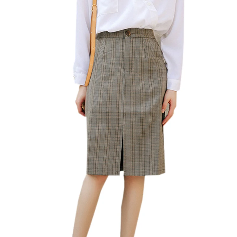 

Elegant Front Split Plaid Skirt Women 2018 Autumn High Waist Gray Pocket Famale Skirt Vintage Lady Knee-Length Slim Skirt Faldas