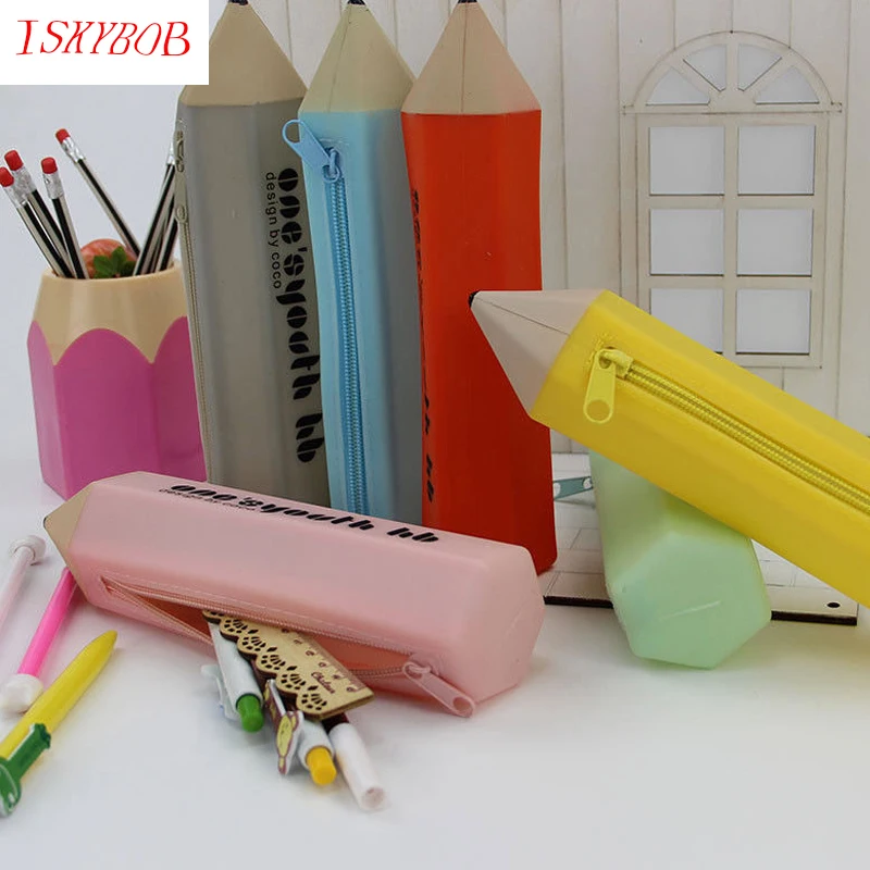 Novelty Pencil Shaped Silicone Pencil Cases Storage Makeup Bag Kids