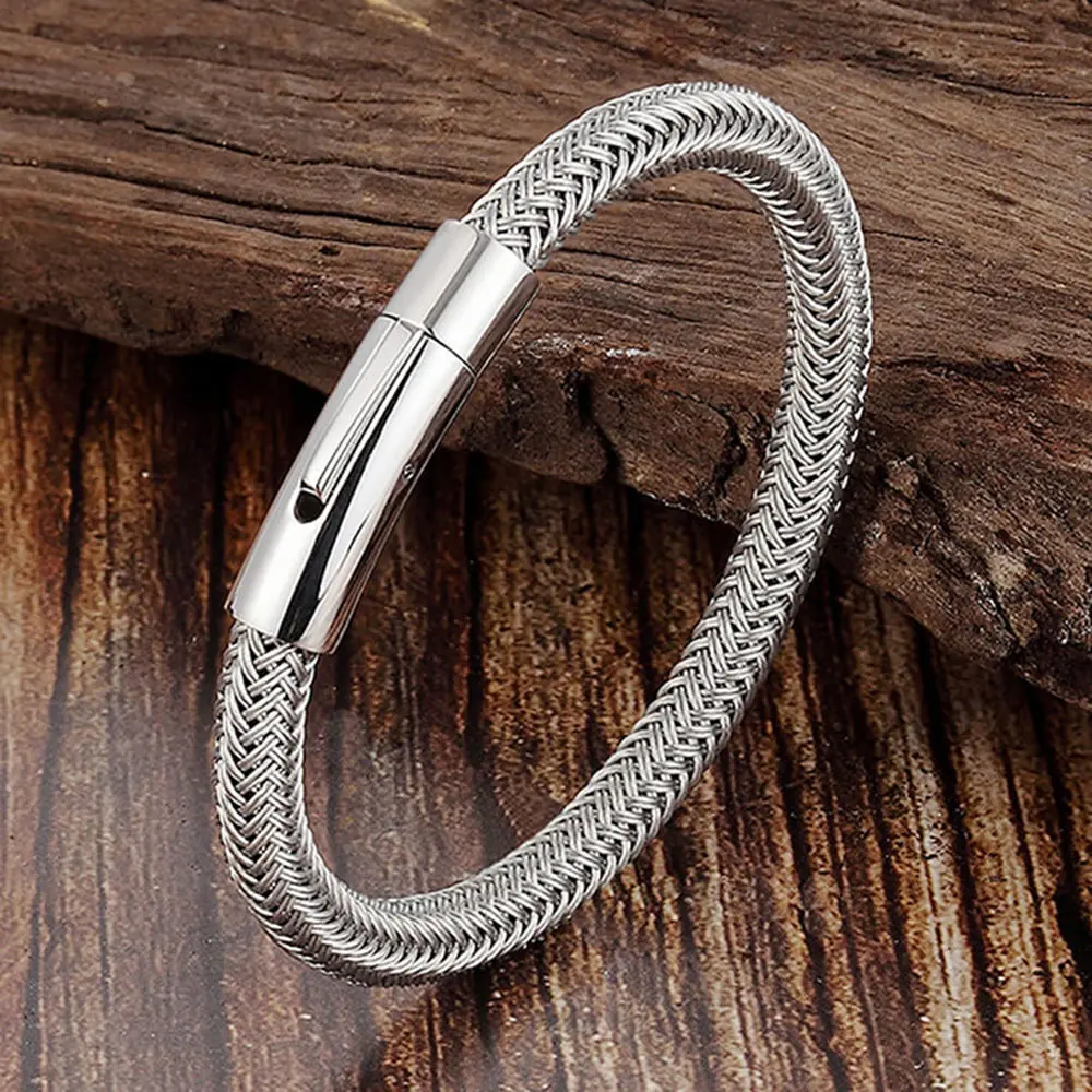 

Moocare Leather Bracelet Men Black Casual Stainless Steel Charm Bracelets Hand Chain weave Accessories Jewelry