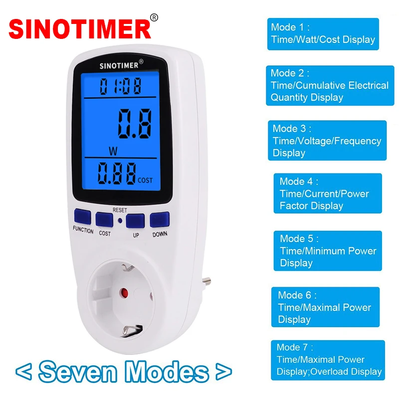 

7 Modes EU Plug LCD Display Electricity Usage Monitor Power Meter Home Energy Watt Volt Amps Watt KWH Analyzer with backlights