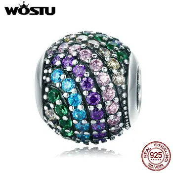 

100% 925 Sterling Silver Sparkles Pave Ball Colorful CZ Charm Beads Fit Original Bracelet Pendant Authentic Jewelry Gift C820