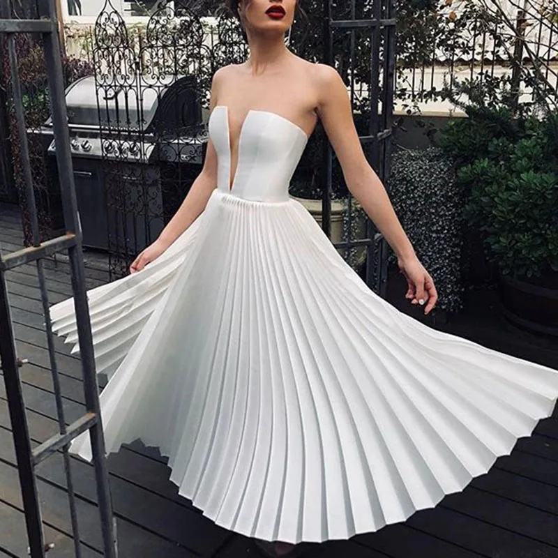 

White Women Dresses Sexy Deep V-Neck Strapless Summer Vintage Pleated Swing Bridesmaid Wedding Party Solid A-line Long Dress