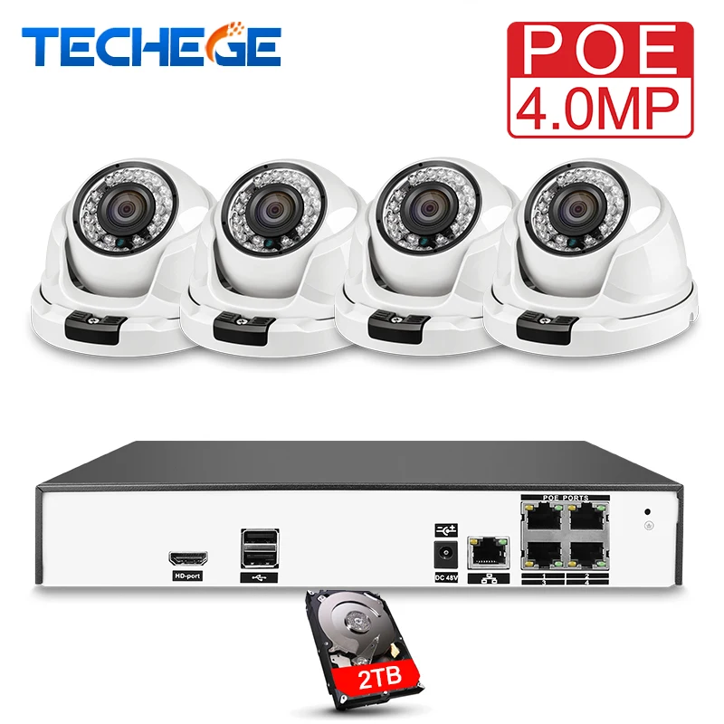 

Techege 4CH POE System H.265 POE NVR 4MP Dome IP Camera indoor 2560*1440 Night Vision Video Security Surveillance System Xmeye