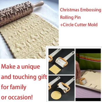 

1 Set Tool of Square Fondant Cutter Mold +Christmas Embossing Rolling Pin with Christmas Symbols for Baking Embossed Cookies