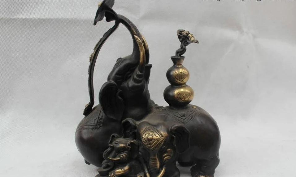 

10"China Fengshui Red Bronze Lifelike Lucky Money drawing Three Elephant Statue