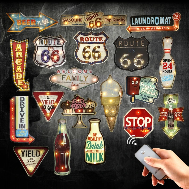 

Retro Route 66 Plaque Remote Controller Light Metal Signs For Drink Cola Beer Bar Garage Family Wall Decor Open LED Neon Signs
