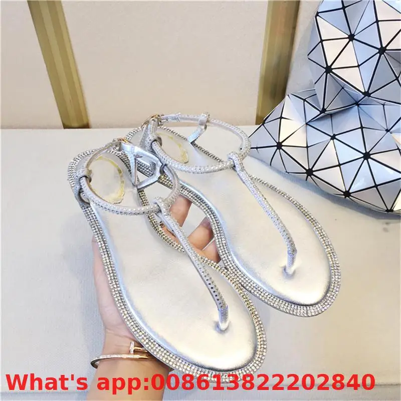 Excellent Luxury Crystal Women Shoes Sandals Summer Flip Flops Flats Fashion Cross Strap Flat Sandals Gladiator Shoes 3