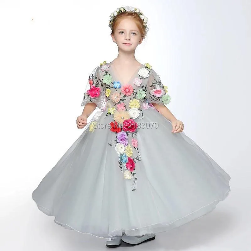 New Coming V-Neck Short Sleeve A-Line Flower Girls Dresses Flowers Adorned Princess Cinderella Formal Wear For Kids Child Birthday Gowns