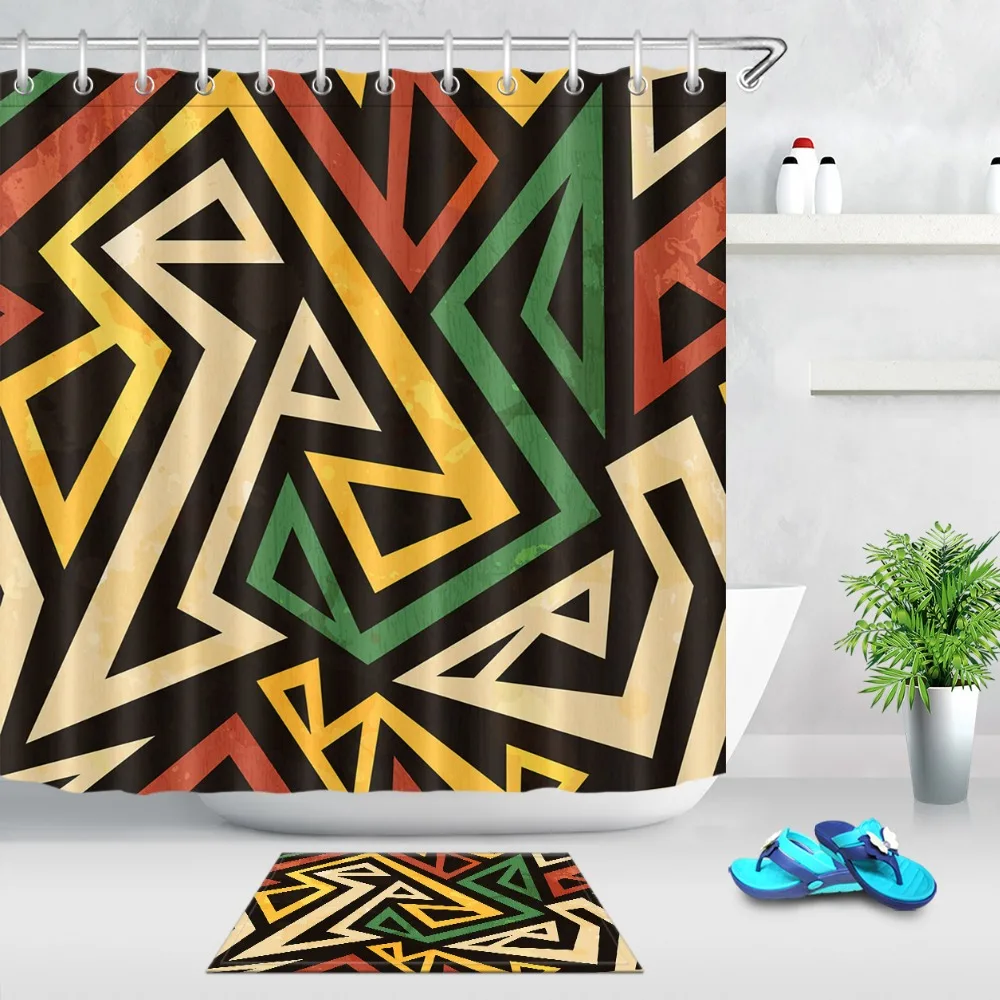 

LB Abstract African Geometric with Grunge Effect Shower Curtain with Mat Polyester Bathroom Waterproof Fabric For Bathtub Decor