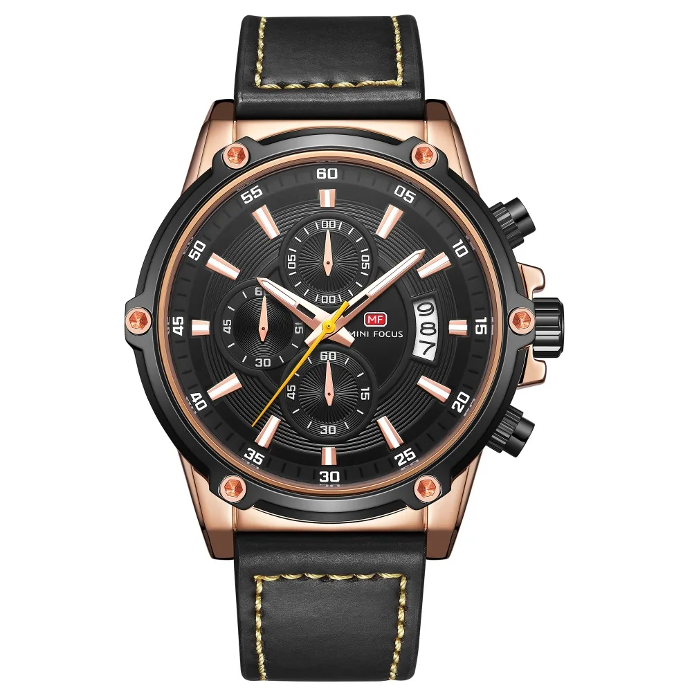 

New Mini Focus Men Business Watches Chronograph, Calendar Genuine Leather Watchband Luminous Hand Waterproof Quartz Wrist Watch