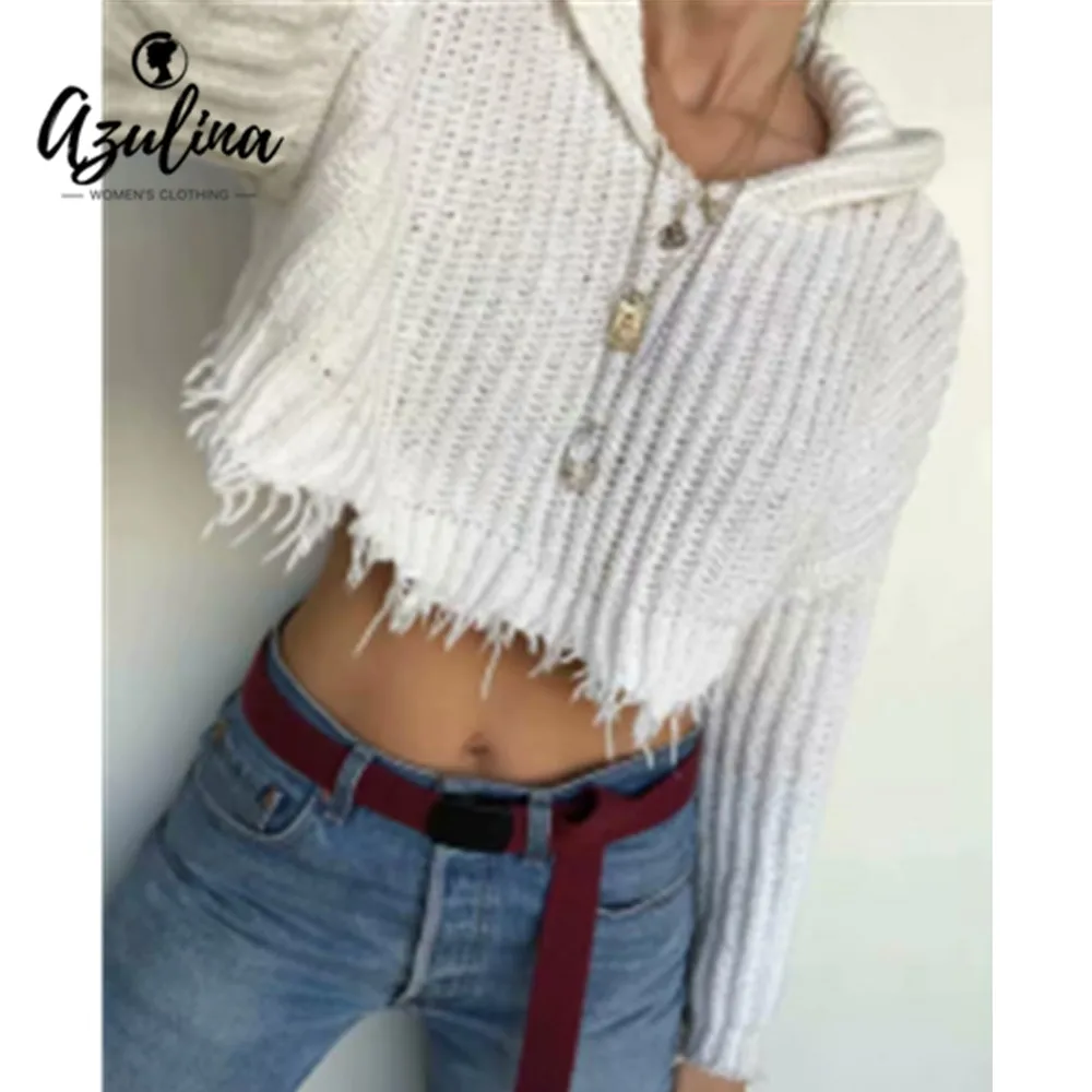 AZULINA Women Sweater Tops Lady Autumn Hooded Long Sleeve Fringed Loose Knit Pullover Female Sweaters Jumpers Pull Femme | Женская
