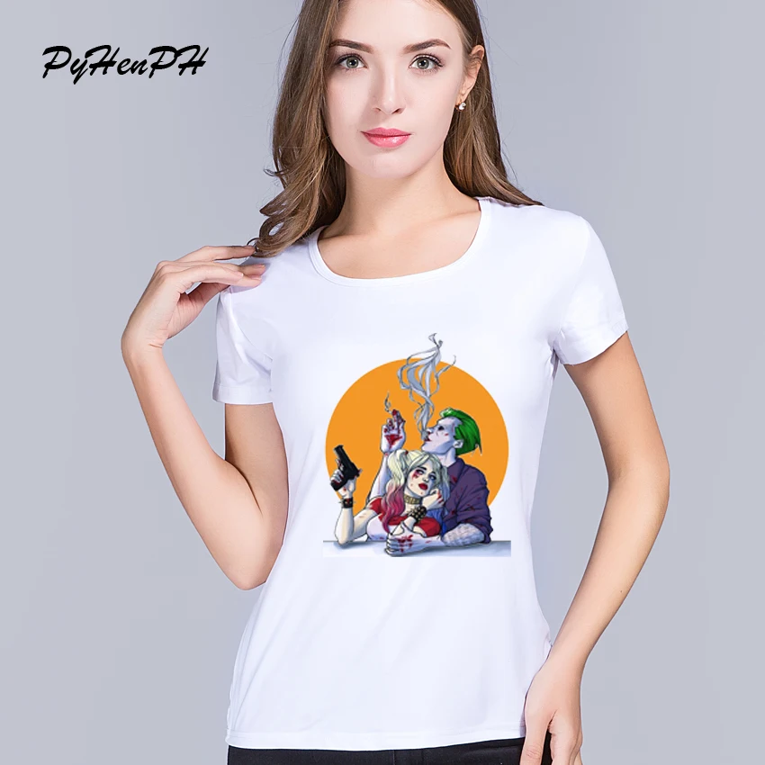 

PyHen 2016 Fashion Harley Quinn and The Joker Printed Women T shirt Short Sleeve Casual t-shirt Hipster SUICIDE SQUAD Tops