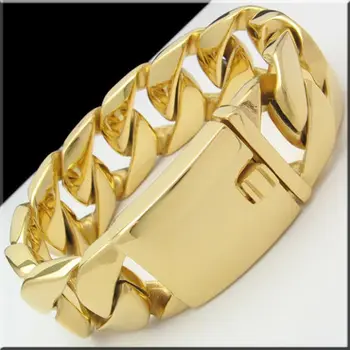 

HEAVY 316L STAINLESS STEEL MEN`S CUBAN CURB LINK GOLD BRACELET(9"x 32mm) Top Selling In 2014 XMAS Day