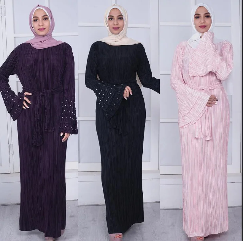 

Muslim Adult fashion brand beading pleated Muslim Abaya Dress Robes female Arab Prayer Worship Service flare sleeve