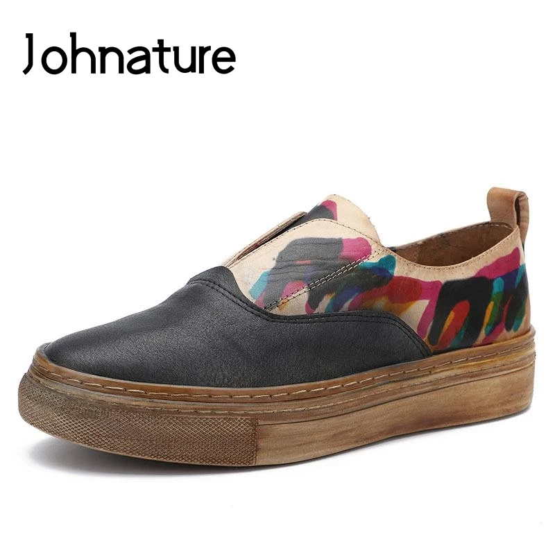 

Johnature 2019 New Spring/autumn Genuine Leather Retro Round Toe Casual Striped Slip On Shoes For Women Flat Platform
