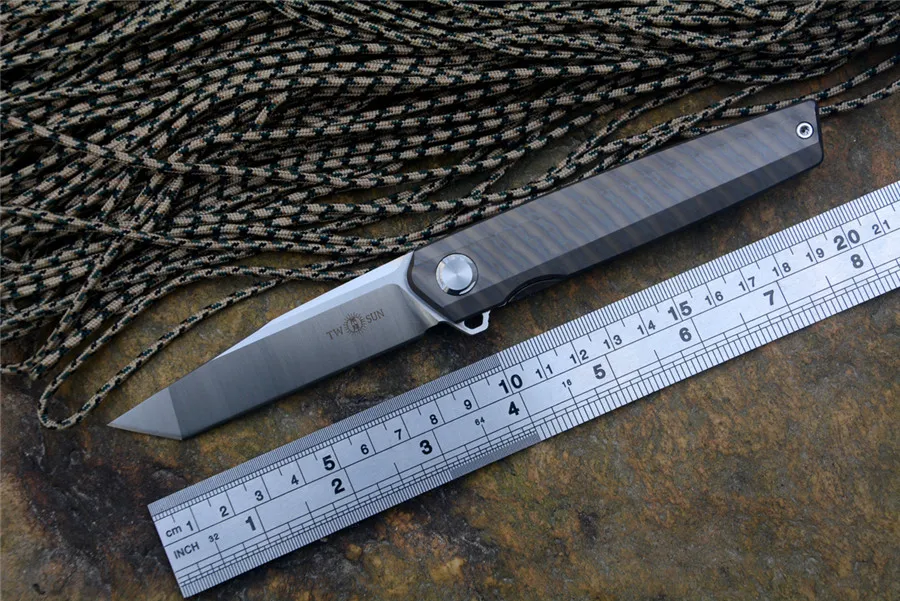 

TS06F pocket knife D2 Satin Tanto blade flame texture Titanium handle TWOSUN Outdoor Hunting Folding Knives with pocket clip