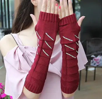 

Autumn and winter women's thicken warm knitted gloves lady's medium long arm sleeve winter fingerless rhinestone glove R123