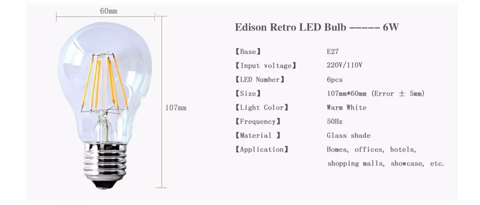 Foxanon E27 Светодиодный светильник с регулируемой яркостью 2 Вт 4 Вт 6 Вт 8 Вт 110 В/220 В, лампа накаливания, антикварная ретро лампа Эдисона 2700 к, светодиодная лампа G45 A60