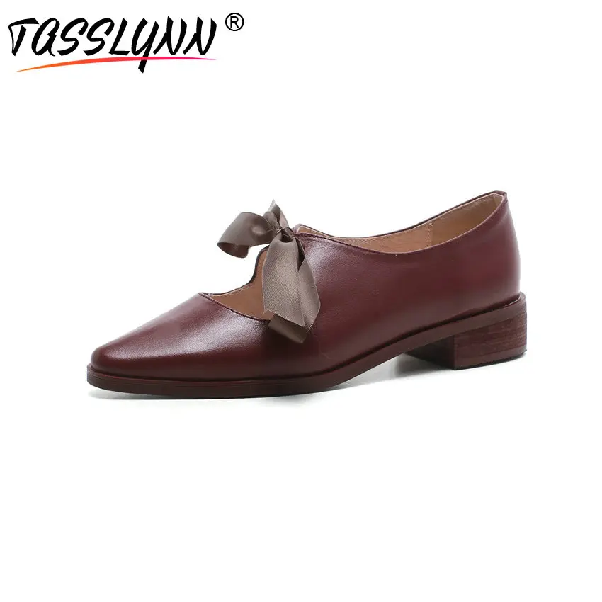 

TASSLYNN 2018 Women Pumps Square Med Heels Cow Leather /PU Casual Shoes Pointed Toe Sweet Butterfly-knot Spring Shoes Size 34-43