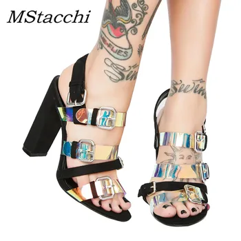 

MStacchi Women Mixed Colors Summer Sandals Fashion PVC Colorful Buckle Strap Sexy Women Sandals Shoes Woman Chunky High Heels