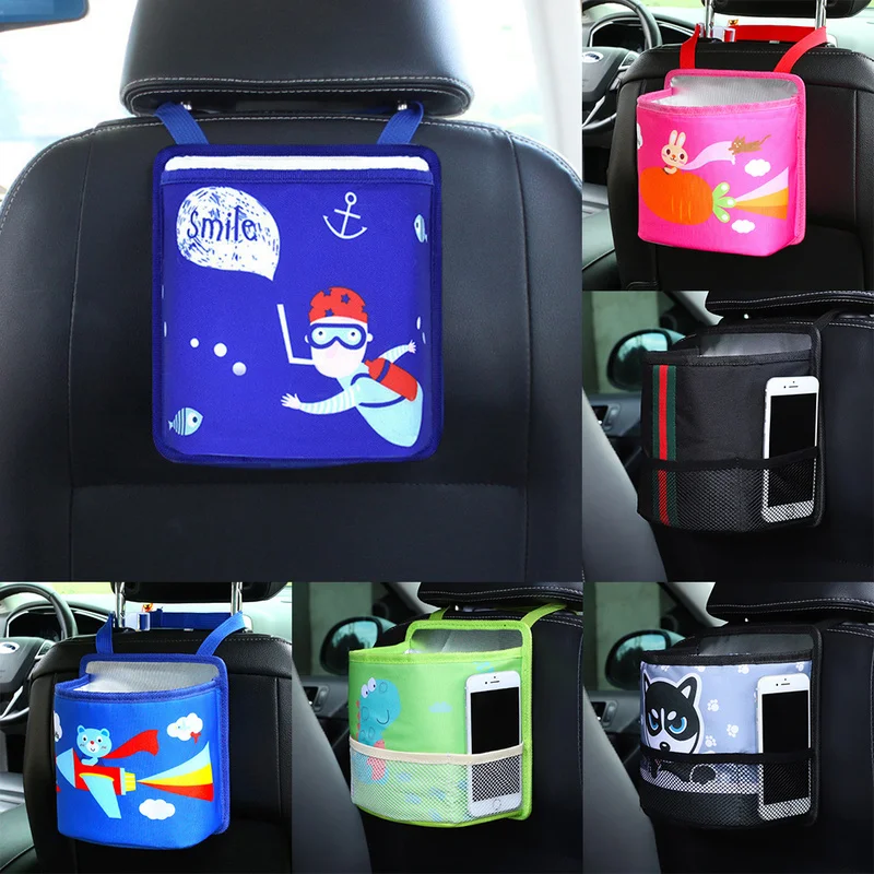 

1pc Cartoon Car Seat Backpack Foldable Leakproof Hanging Car Trash Can Garbage Bin Bag Storage Box Pocket Interior Auto Products