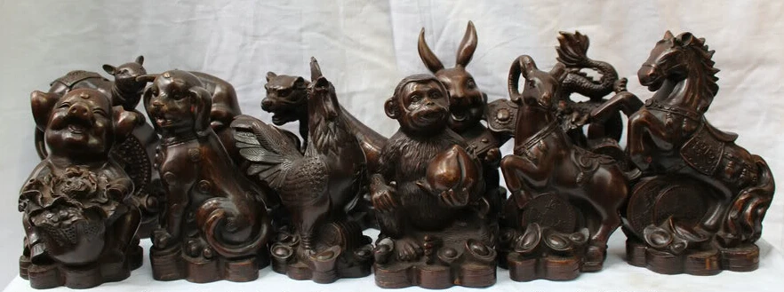 

JP S0524 Full Set Chinese Zodiac Year Bronze Mouse Snake Tiger Dragon Goat Dog Statue