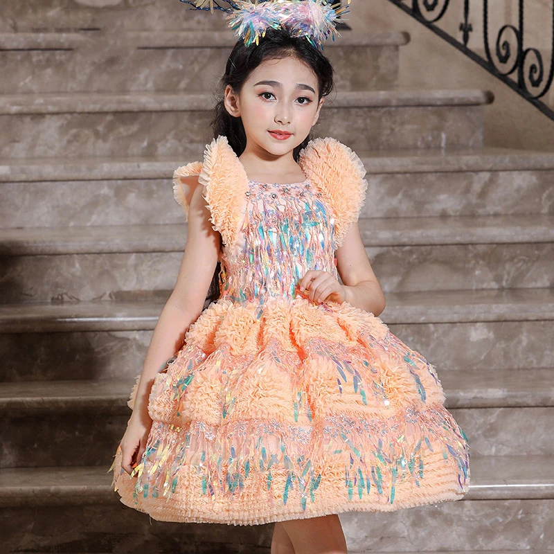 

Stunning Princess Party Dress Sequined Flower Girl Dresses for Wedding Appliques Beading Holy Communion Dress B489