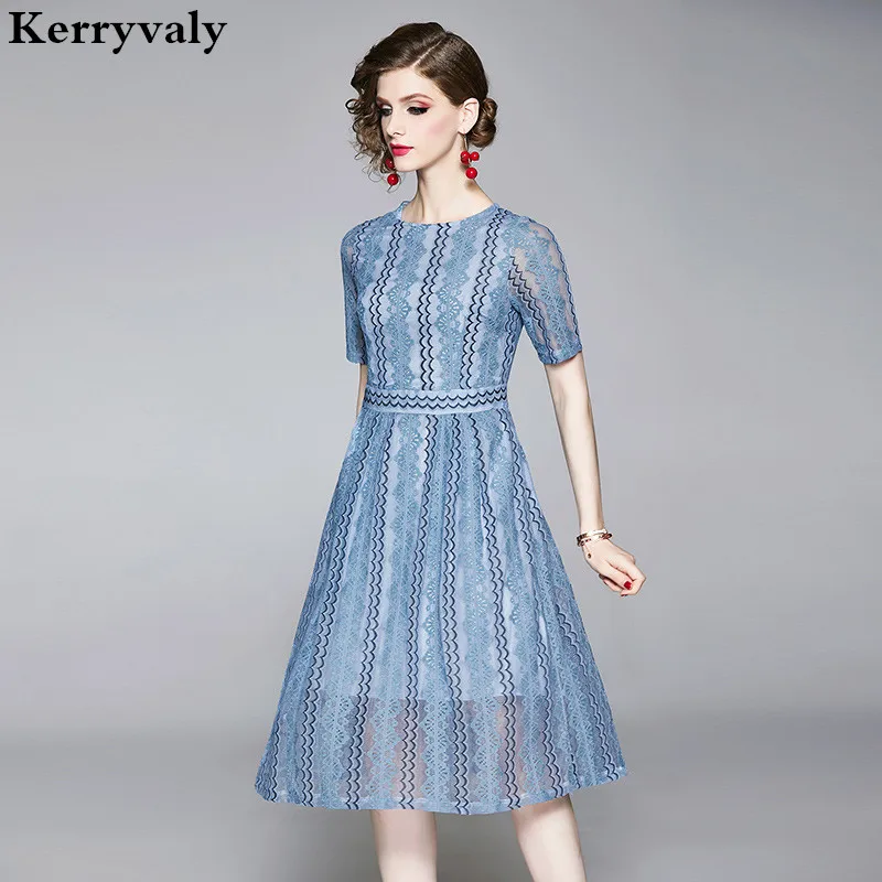 

New Swagger Blue Lace Embroidery Dress Robe Femme Ete 2019 Women Midi Party Dress Kleider Damen Bayan Elbise K8716