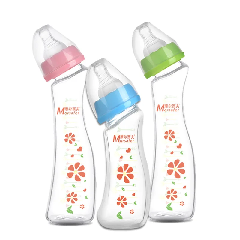 Harga Baru 2 Ukuran bpa free Bayi Botol Susu Kaca Standar Mulut Desain Anti kolik Susu Botol Jus Untuk ibu Bayi Dengan Puting