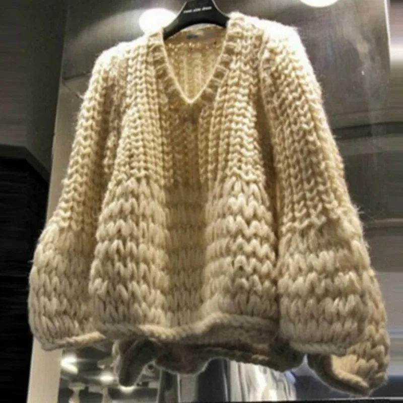 Loose Hand Knitted V-Neck Pullover flowers Crocheted Sweater Long lantern sleeved knitted Shirts Weaving tops women sweater Loose Hand Knitted V-Neck Pullover flowers Crocheted Sweater Long lantern sleeved knitted Shirts Weaving tops women sweater