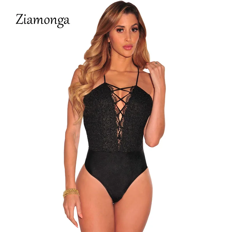 Ziamonga Sexy Lace Bodysuit Women 2017 Summer Lace Up Halter Black