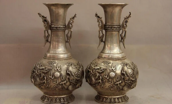 

S1581 China White Copper Silver Lifelike God Animal Dragon Play Bead Pot Vase Pair D0318