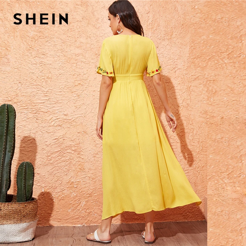 Шеин вышивка цветочный принт Высокая талия чайное платье желтая кнопка спереди глубокий v-образный вырез короткий рукав-Волан Boho A Line женское платье