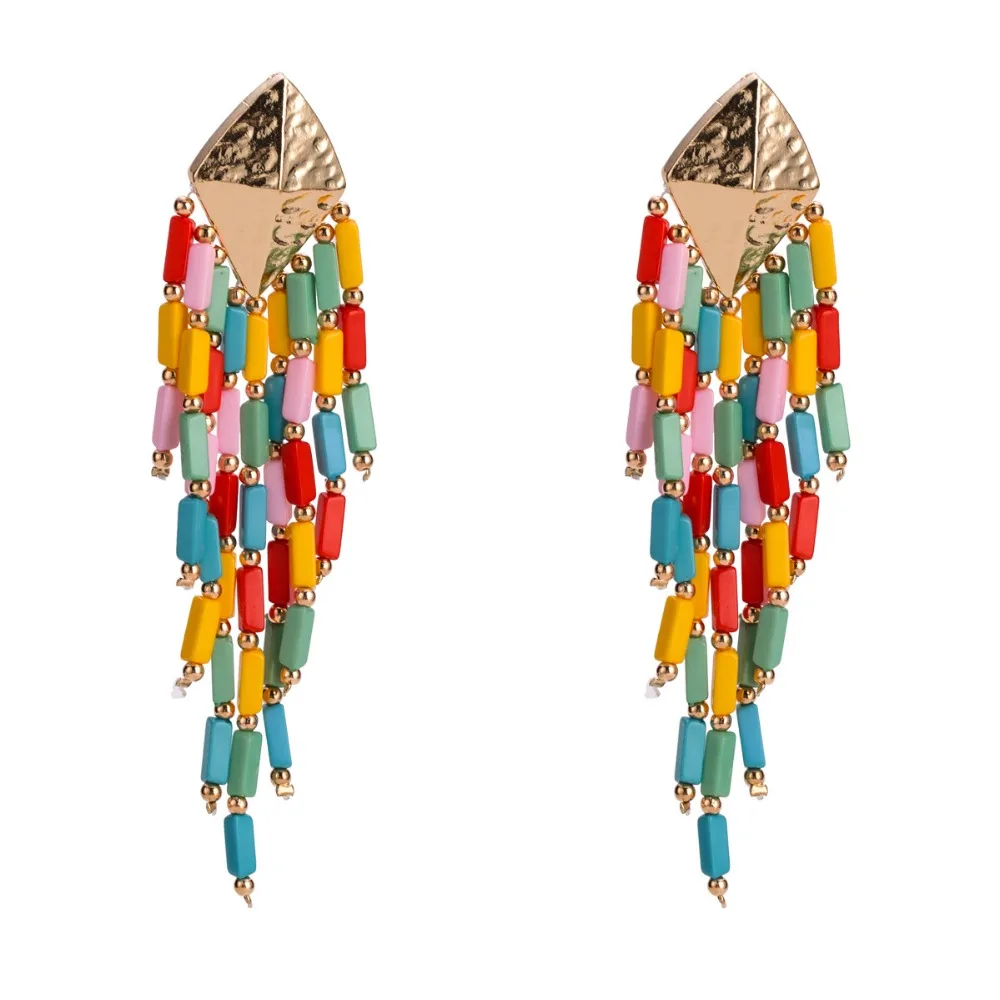 

KMVEXO Handmade Ethnic Colorful Beads Statement Dangle Earrings 2018 Bohemia Long Tassels Fringed Earrings For Women