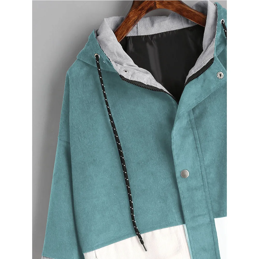 AZULINA Corduroy Jacket Hooded Pachwork Long Sleeve Autumn Basic Jackets Female Coat Zip Up Snap Button Windbreaker Jacket Women Coats