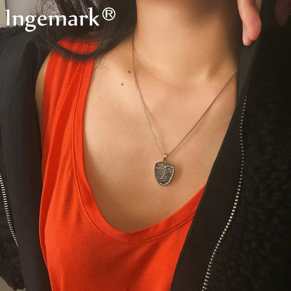 

Ingemark Personalized Abstract Face Pendant Choker Necklace Women Jewelry Fashion Devil Carve Coin Long Thin Chain Necklace 2018