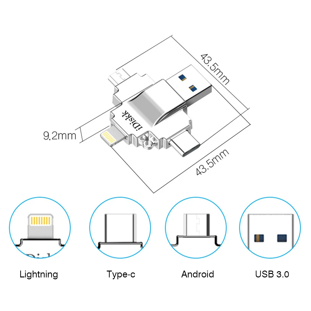 IDISKK Original Flash Drive Fast Speed External Storage 4 in 1 Pendrive for Apple/Android/PC/Tablet 32GB USB 3.0 64GB Flash