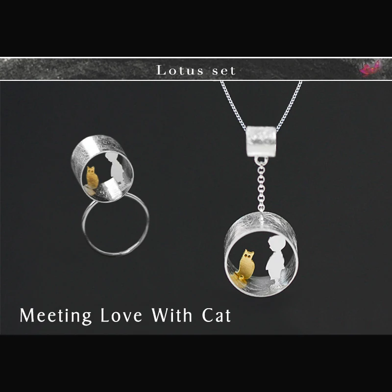 

Lotus Fun Real 925 Sterling Silver Handmade Fine Jewelry Cute Meeting Love With Cat Jewelry Set with Ring Pendant Necklace