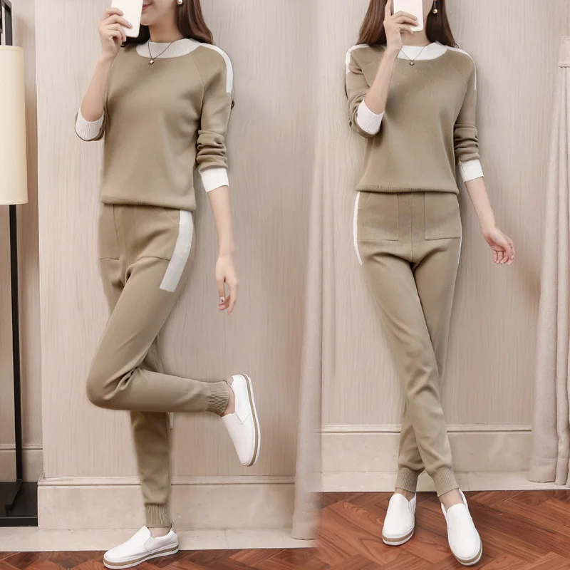 

fall winter Woolen and Cashmere Knitted warm Suit O collar Sweater + Cashmere Harem pants loose style two-piece set women knit