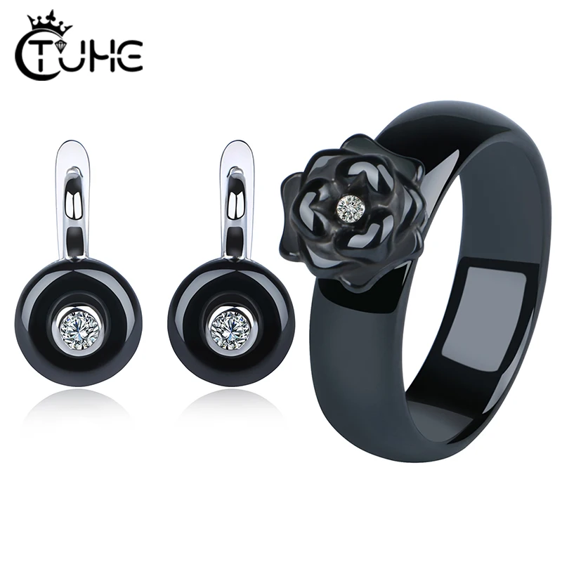 

Exquisite White Black Rose Flower Shape Ceramic Rings Stud Earrings Jewelry for Women CZ Rhinestone Healthy Ceramic Jewelry Gift