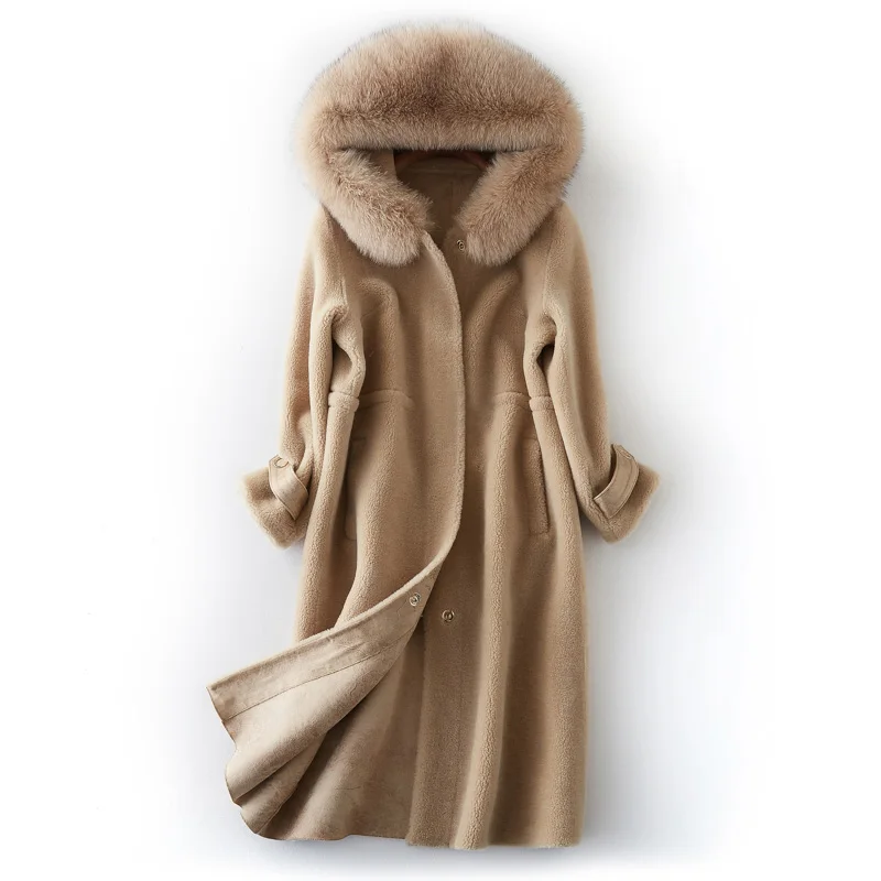 AYUNSUE Натуральная Шерсть Стрижка овец куртка женская зимняя шуба натуральный Лисий мех с капюшоном Длинная Верхняя одежда Пальто BF231098 - Цвет: Beige camel