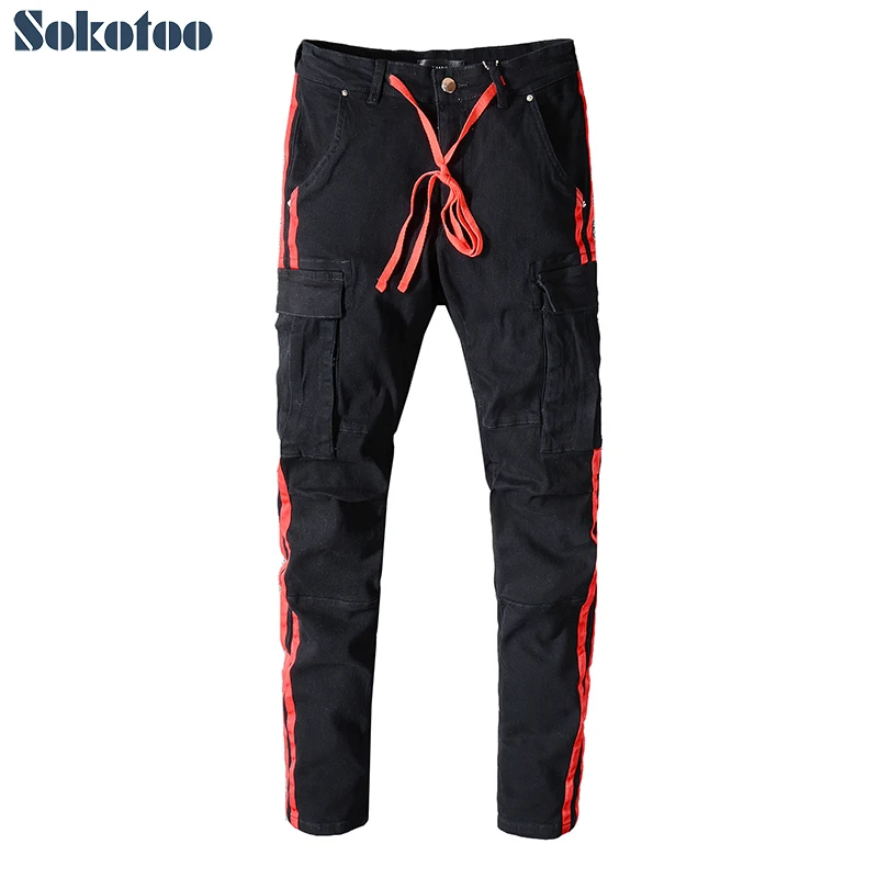 

Sokotoo Men's red lines black pockets cargo jeans Slim fit stretch denim pants