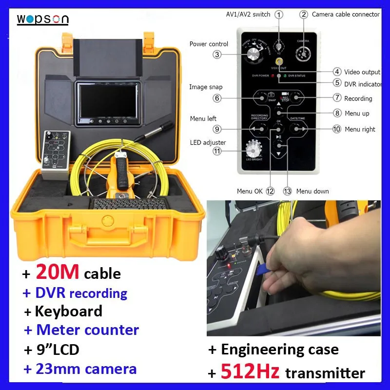 20meter cable Pipe inspection camera system waterproof video 9&quotLCD screen DVR keyboard meter counter 512hz transmitter | Безопасность