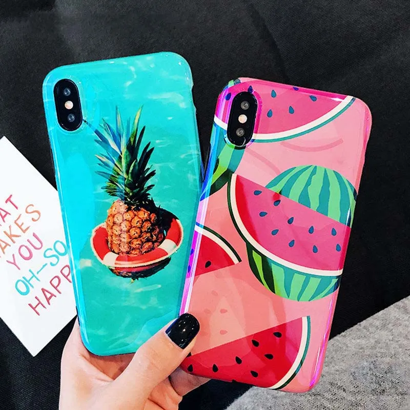 

Fashion Blu-Ray Cover Cute Fresh Fruit Phone Case For iPhone 6 6S 7 8 Plus X Pineapple Cherry Watermelon Pattern Soft IMD Cases