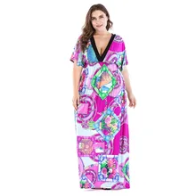 Boêmio Mulheres Verão Beach Dress V Neck Manga Curta Plus Size 7XL Floral Impresso Maxi Vestido de Férias Vestido Longo