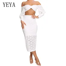 YEYA Sexy Off Shoulder Long Sleeve Two Pieces Sets Floral Hollow Out Perspective Umbilical Dress Female High Waist Slim Dress