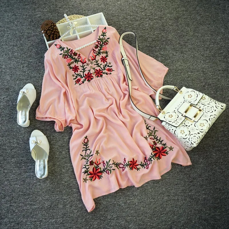

2019 Hot Sale Free Shipping Vintage 70s Mexican Ethnic Floral EMBROIDERED Hippie Blouse DRESS women clothing vestidos Free Size