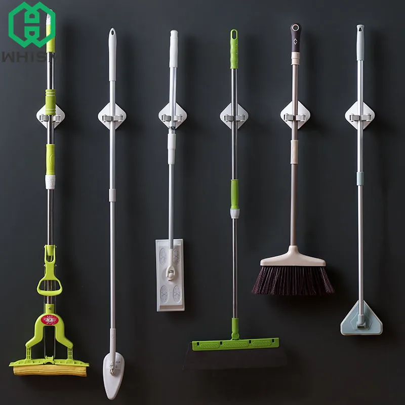 WHISM الذاتي لاصق حامل ممسحة للماء الحمام المنظم ممسحة المشبك الحائط فرش مكنسة شماعات المطبخ تخزين الرف